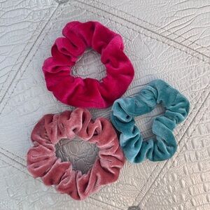 3 Velvet Scrunchies in Pink, Teal, and Rose